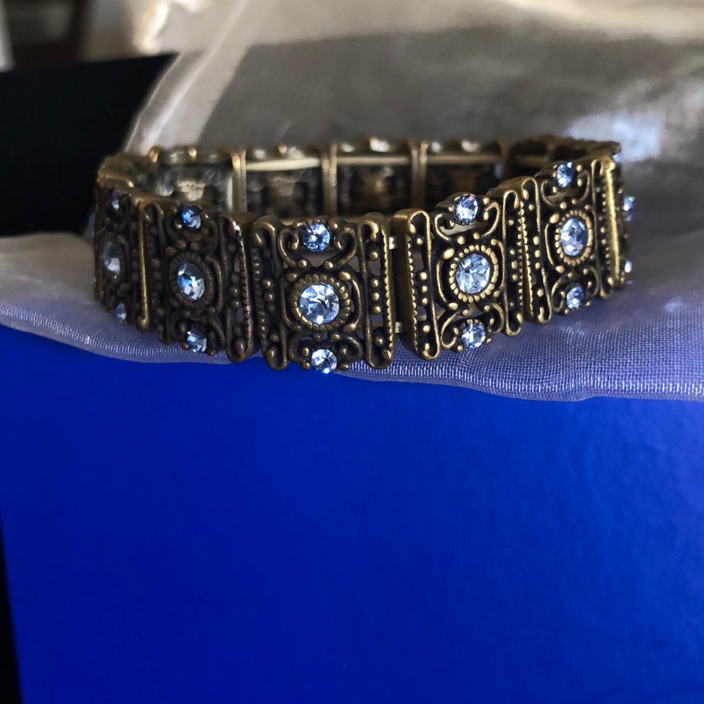 Vintage gold & sapphire crystal elastic bracelet J4